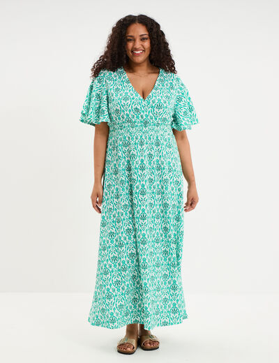 Robe longue col V manches papillons ecru femme grande taille