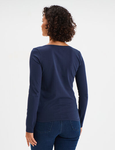 T-shirt coton col rond manches longues bleu marine femme
