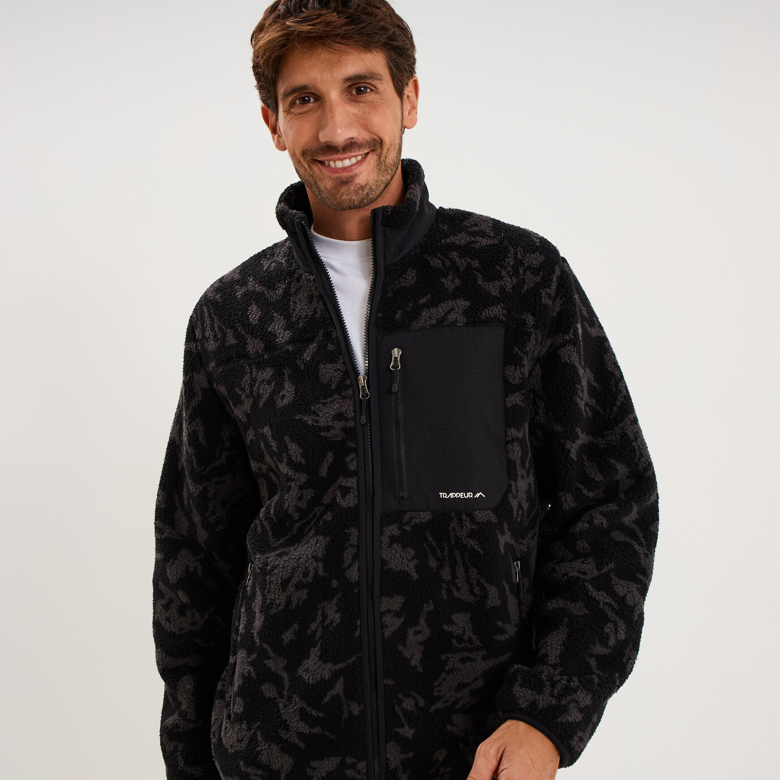 Veste effet sherpa zippée 3 poches noir homme TRAPPEUR