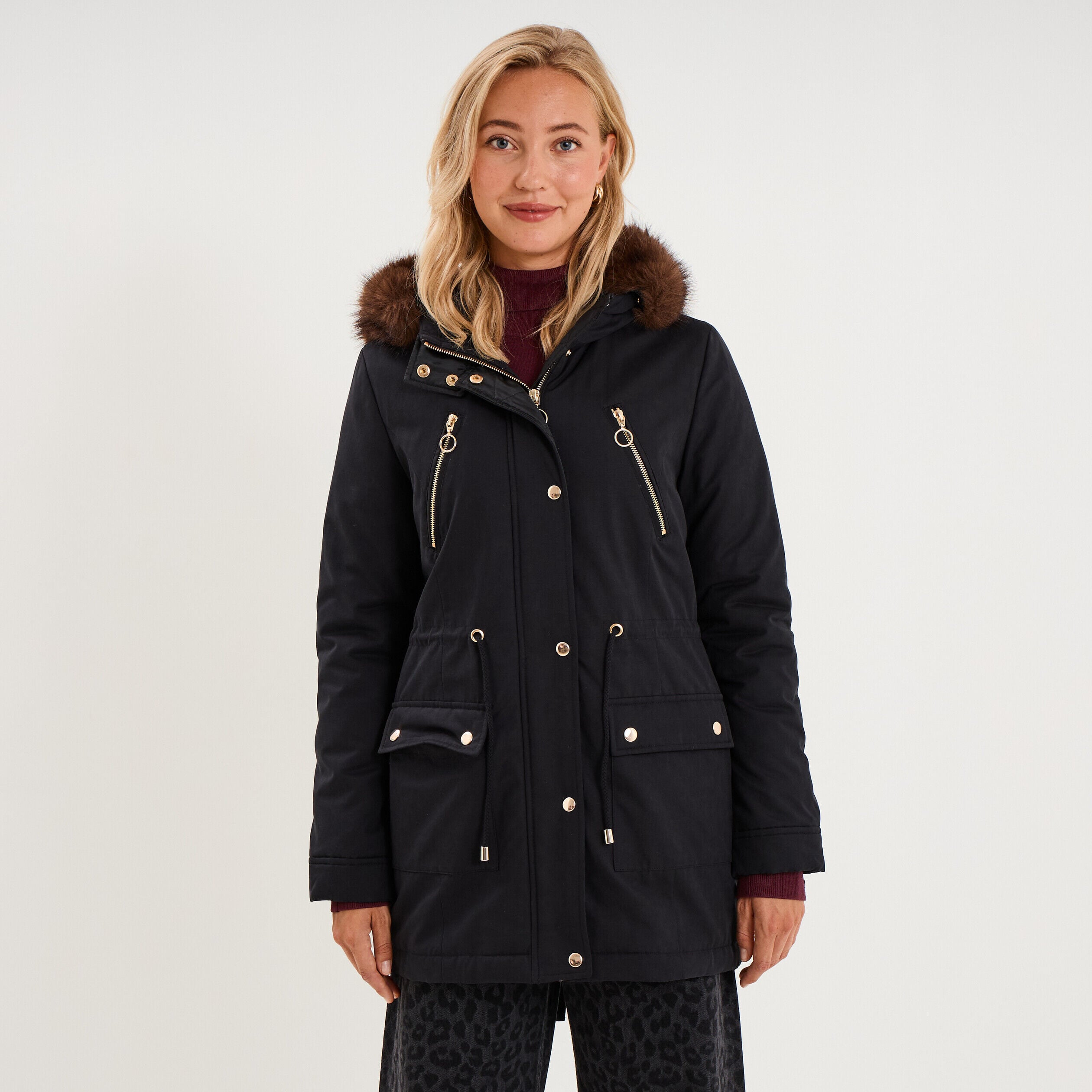 Parka cintrée capuche fausse fourrure noir femme LIBERTO