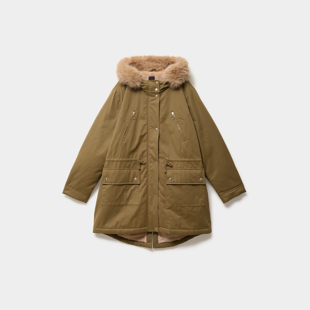 Parka d&eacute;perlante capuche fausse fourrure vert kaki femme grande taille