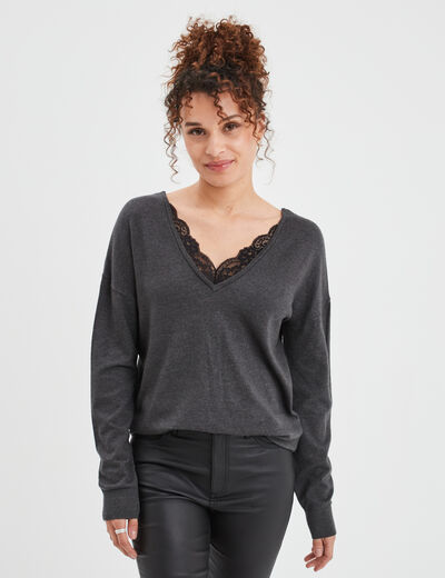 Pull dos en V avec dentelle gris foncé femme
