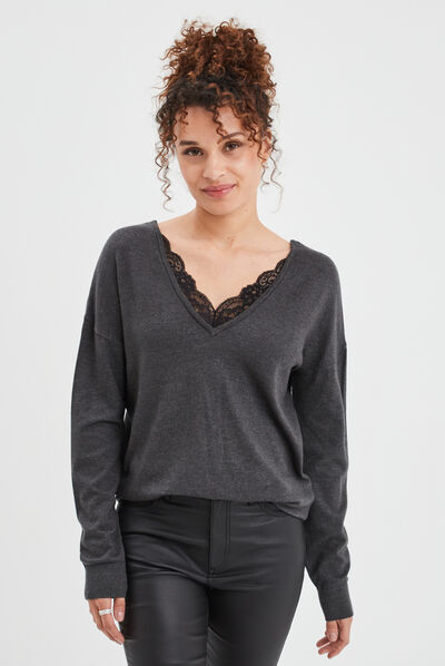 Pull dos en V avec dentelle gris foncé femme