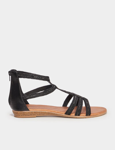 Sandales brides tress&eacute;es strass Claudia noir femme