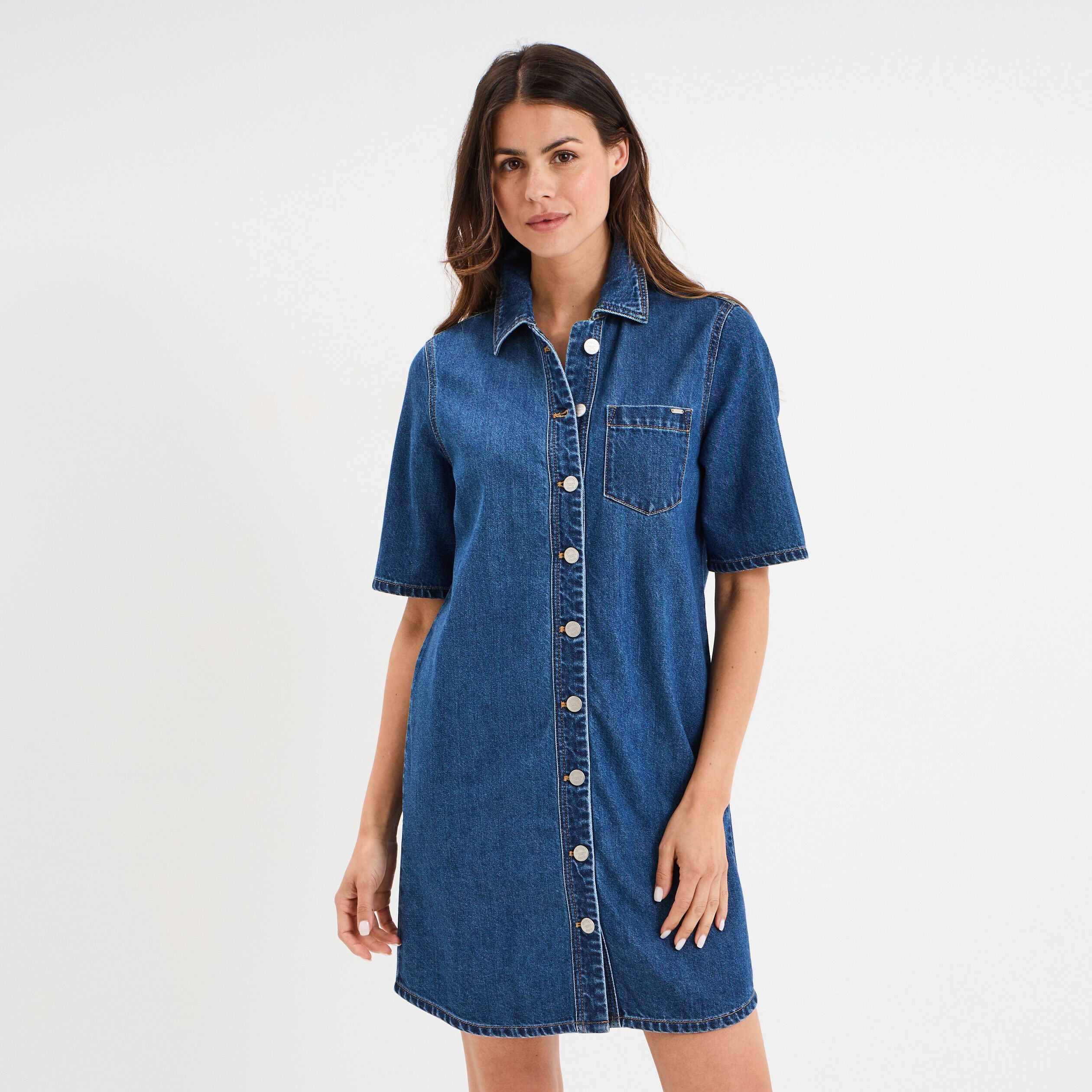 Robe chemise manches courtes en jean denim stone femme CREEKS