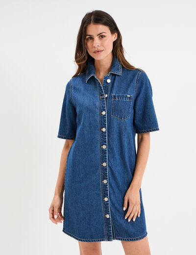 Robe chemise manches courtes en jean denim stone femme