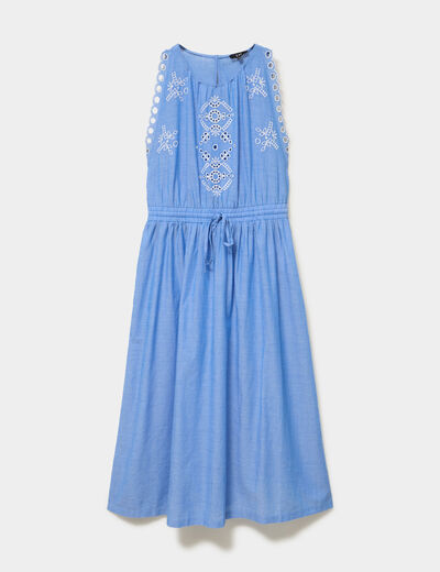 Robe broderie anglaise mi-longue coton bleu clair femme