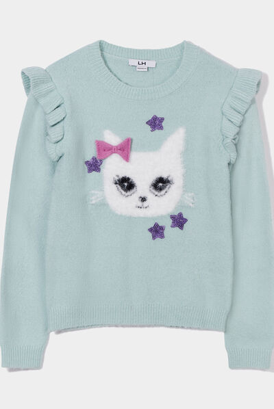 Pull à volants manches longues bleu gris fille