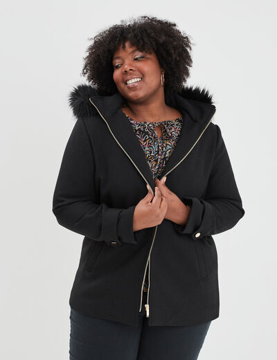 Manteau à capuche imitation fourrure noir femme grande taille