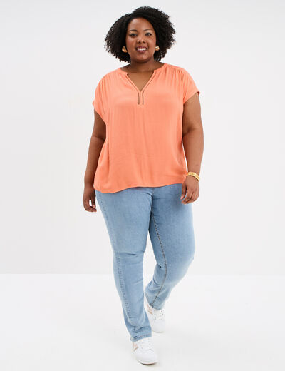 Blouse col en V manches courtes rose corail femme grande taille