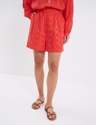 Short broderie anglaise élastiqué coton rouge femme