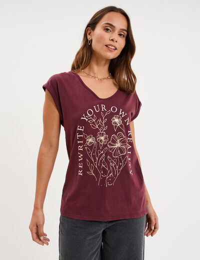 T-shirt coton col en V manches courtes violet fonc&eacute; femme