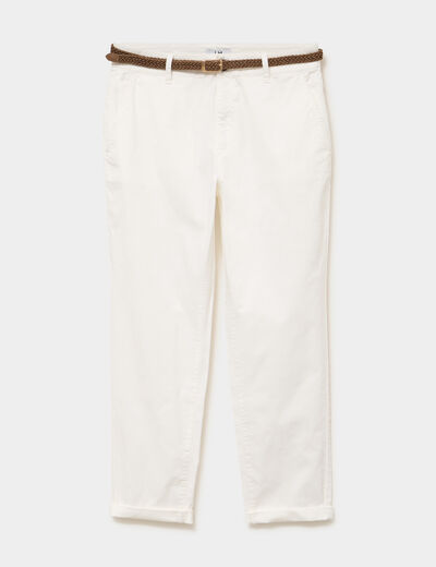 Pantalon chino 7/8&egrave;me ceinture tress&eacute;e ecru femme
