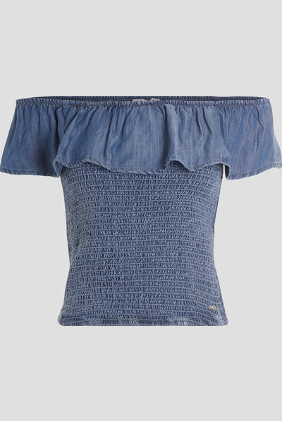 Blouse manches courtes col bardot denim bleach femme