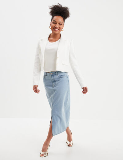 Veste courte tweed col tailleur blanc femme