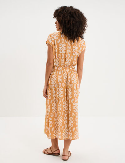 Robe longue cr&eacute;pon col tunisien jaune ocre femme