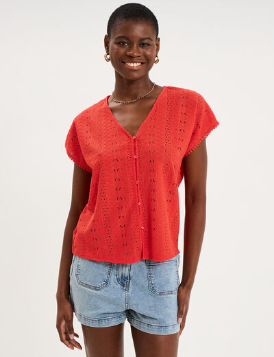 T-shirt broderie anglaise col en V rouge femme