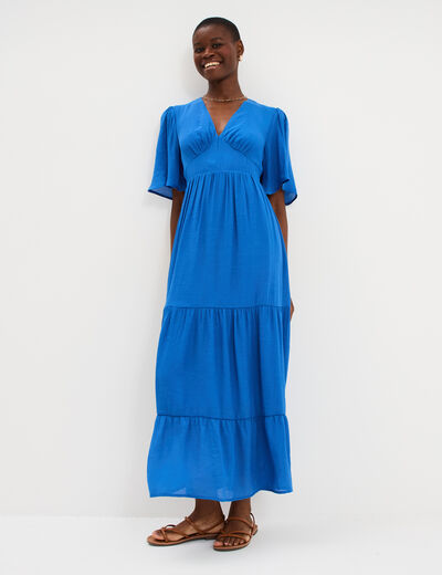 Robe longue fluide &agrave; volants bleu electrique femme