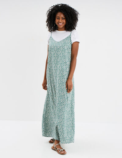 Robe longue droite fluide à bretelles vert turquoise femme