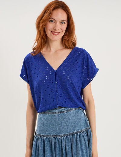 T-shirt dentelle avec boutons bleu electrique femme