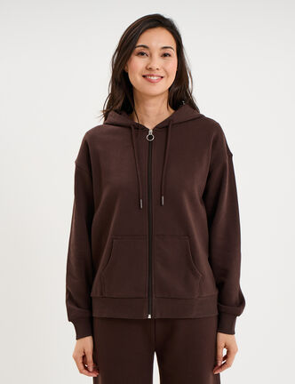Sweat zipp&eacute; &agrave; capuche marron fonc&eacute; femme
