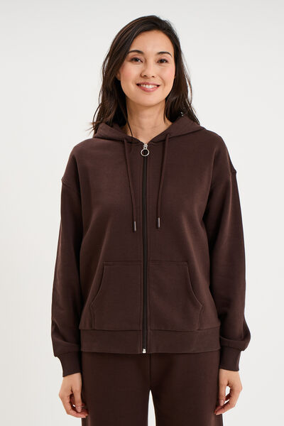 Sweat zipp&eacute; &agrave; capuche marron fonc&eacute; femme
