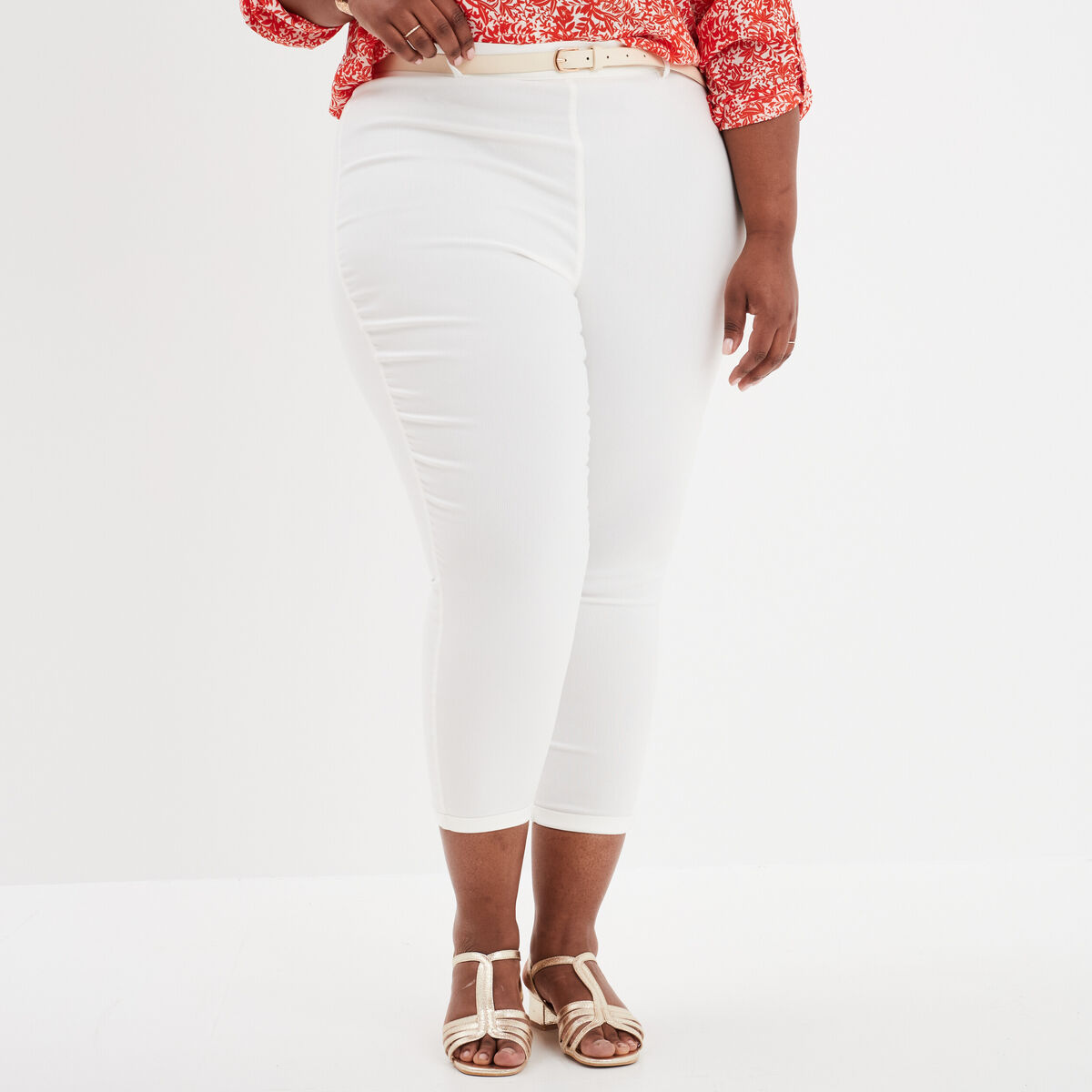 Pantalon corsaire avec ceinture blanc femme grande taille