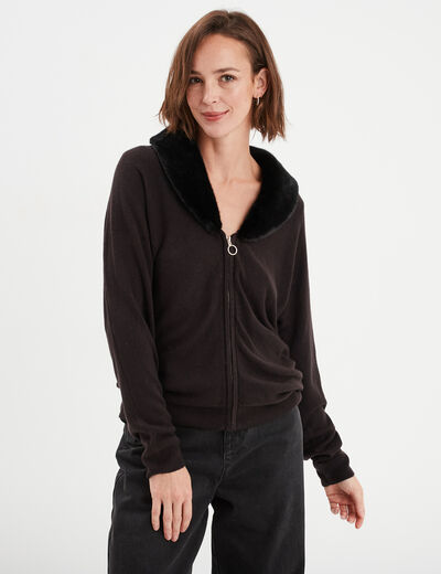 Gilet zippé avec col fausse fourrure noir femme