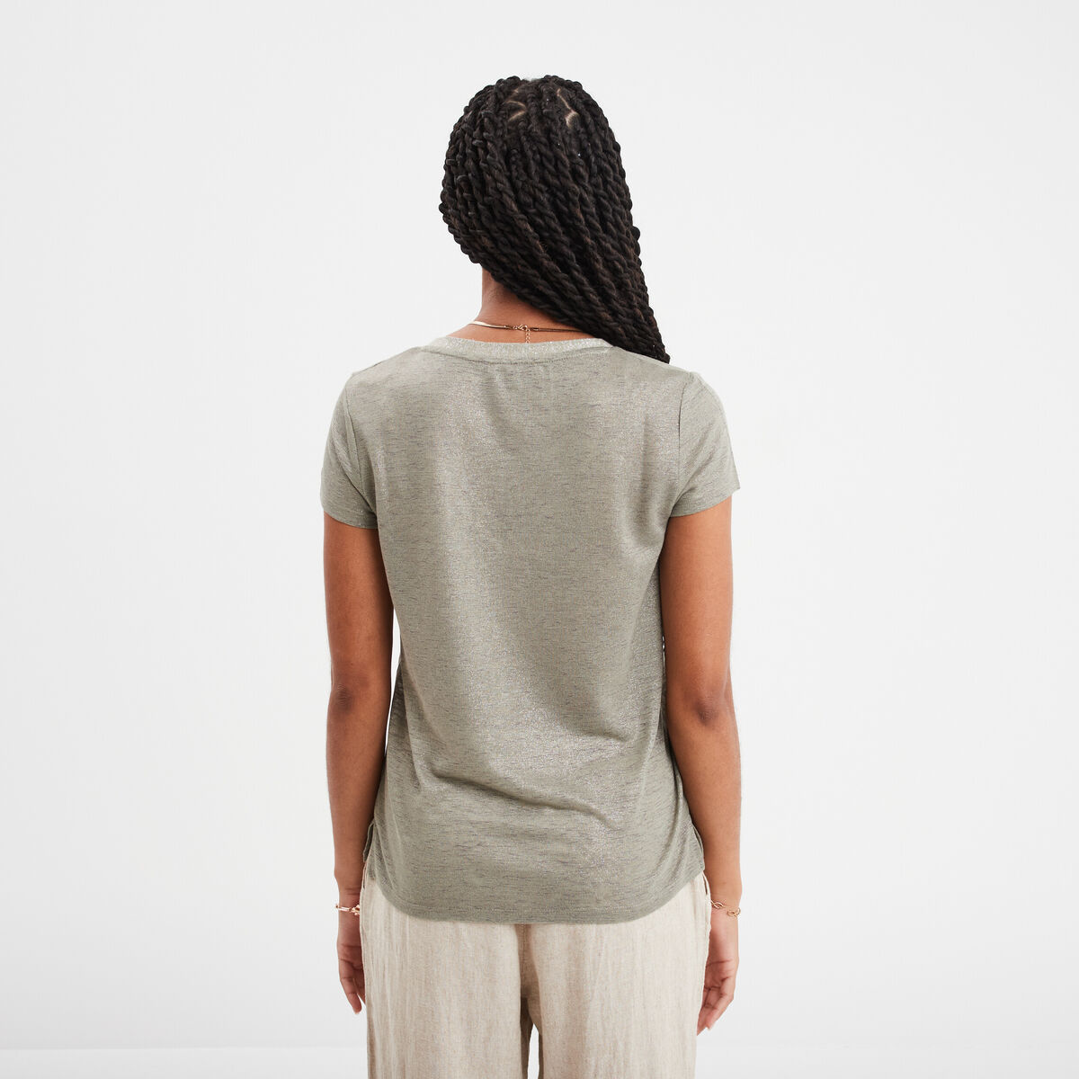 T-shirt col en V à bande métallisée vert kaki femme