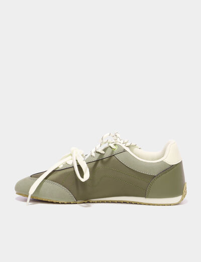 Baskets &agrave; lacets doubles semelle fine vert kaki femme