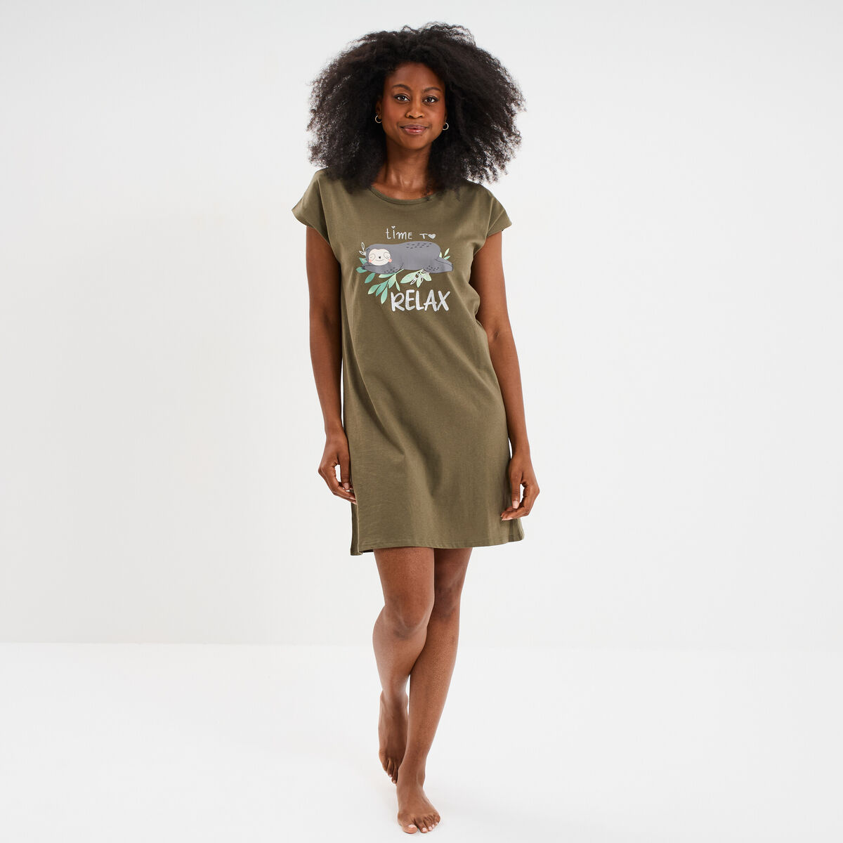 Chemise de nuit manches courtes coton vert kaki femme
