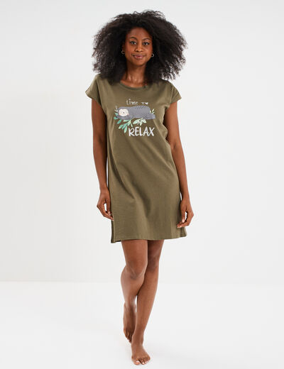 Chemise de nuit manches courtes coton vert kaki femme