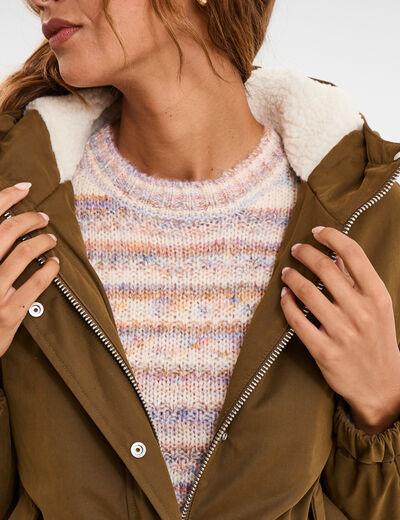 Parka oversize capuche doubl&eacute;e sherpa vert olive femme
