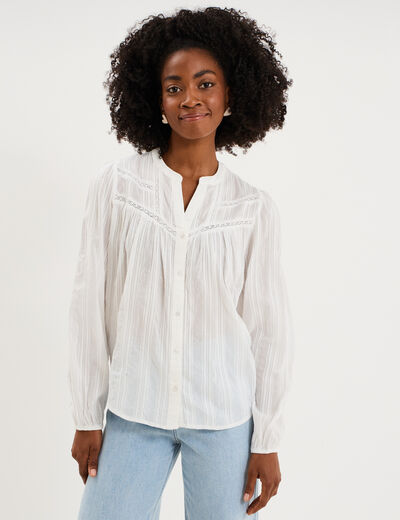 Blouse droite col tunisien coton blanc femme