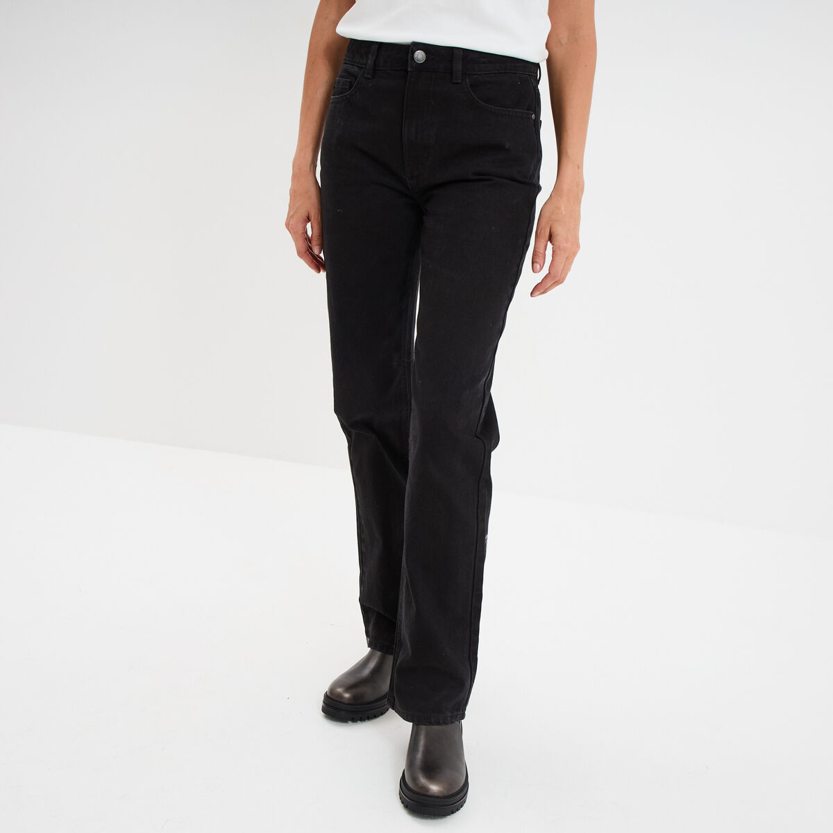Jeans droit 5 poches coton denim noir femme