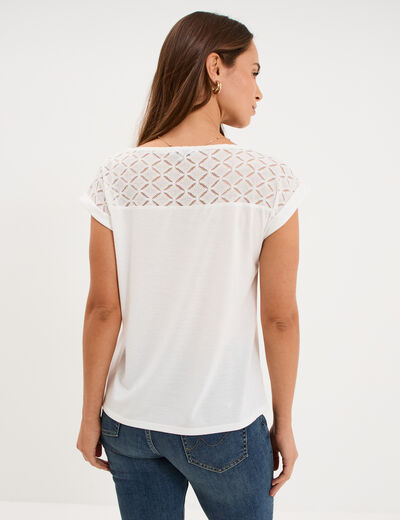 T-shirt col en V ajour&eacute; &eacute;paules et dos blanc femme
