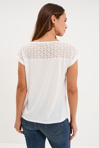 T-shirt col en V ajour&eacute; &eacute;paules et dos blanc femme