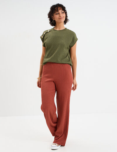 T-shirt col rond avec boutons vert kaki femme