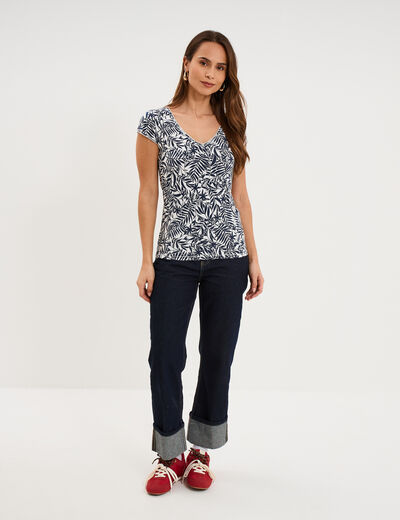 T-shirt col V droit manches courtes ecru femme