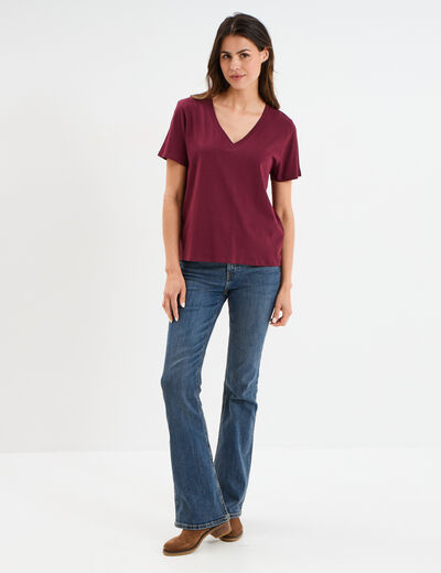 T-shirt manches courtes col en V coton bordeaux femme