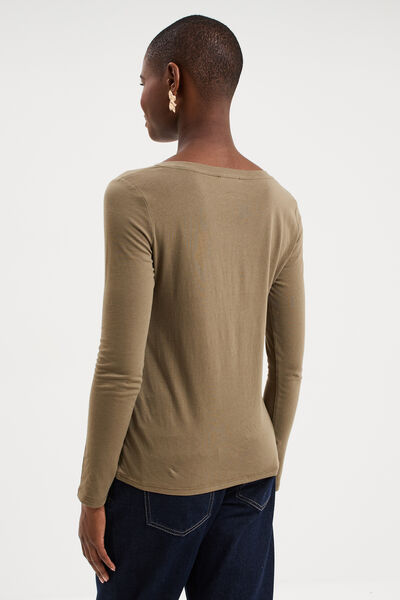 T-shirt col en V manches longues coton vert kaki femme