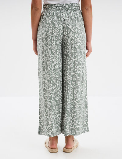 Pantalon fluide large taille élastiquée vert kaki femme
