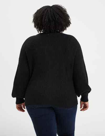 Gilet col en V boutonné manches longues noir femme grande taille
