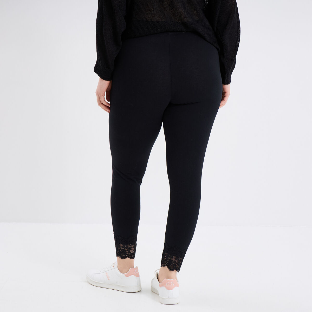 Legging cheville dentelle coton noir femme grande taille