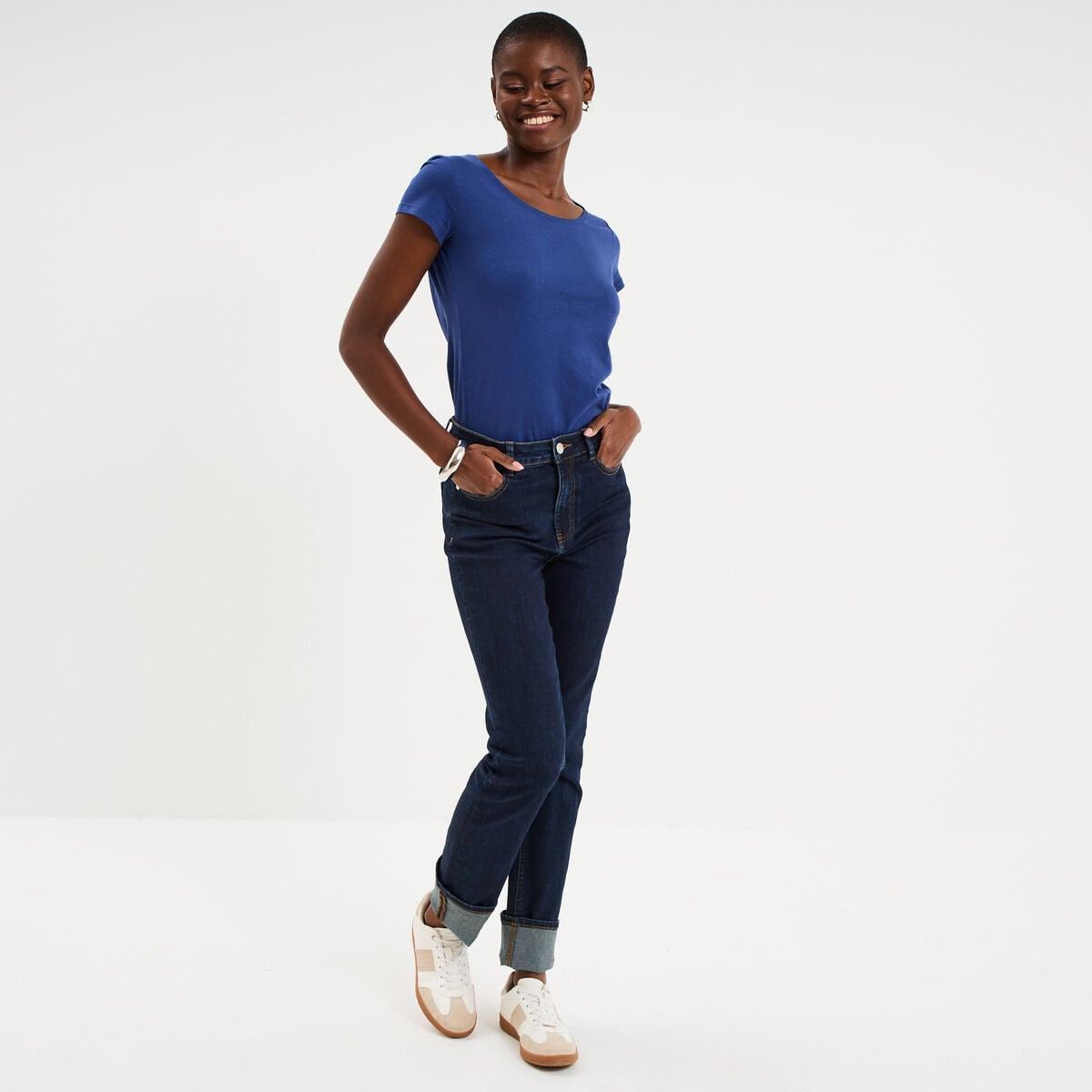 T-shirt coton col rond manches courtes bleu marine femme