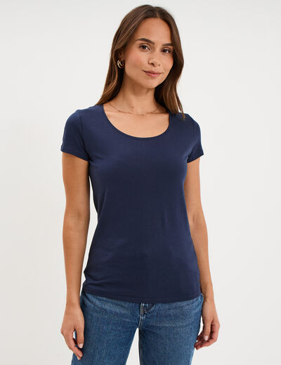 T-shirt coton col rond manches courtes bleu marine femme