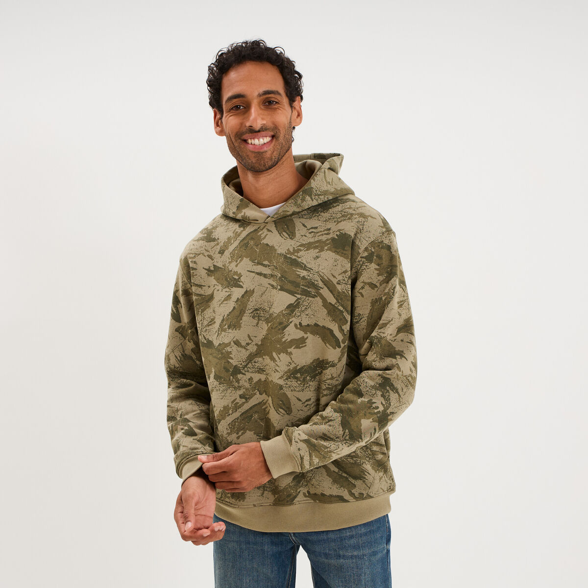 Sweat hoodie &agrave; capuche molleton vert kaki homme