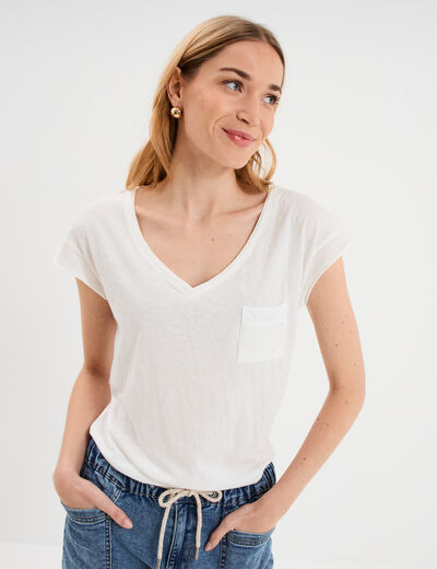 T-shirt col v poche poitrine blanc femme