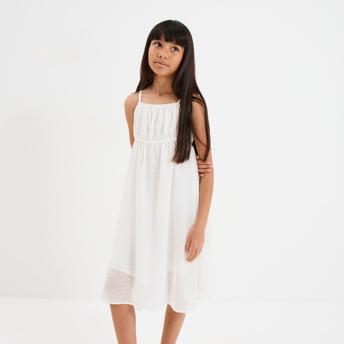 Robe plumetis bas asymétrique ivoire fille