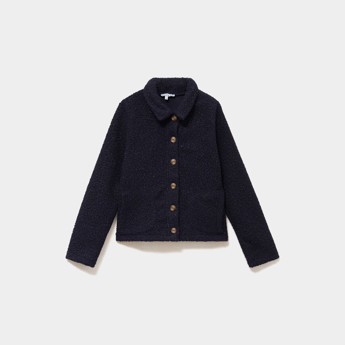 Veste courte boutonn&eacute;e effet bouclette bleu marine femme